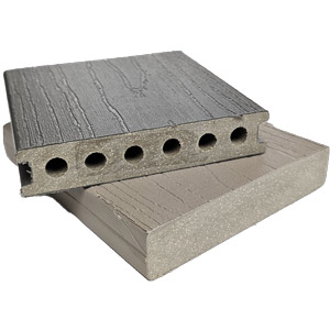 Image of two pieces of TruNorth Composite Decking Stacked on top of eachother, showing the difference between Enviroboard and Accuspan lines.