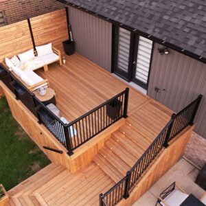 Powder Coated Aluminum Railings on the Upper Tier of a Multi-tier Deck Provides Safety and Aesthetic.